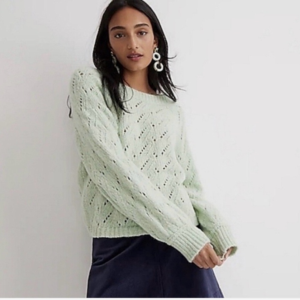 J.Crew Mint Green Pointelle Crewneck Knit Long Sleeve Sweater Womens S